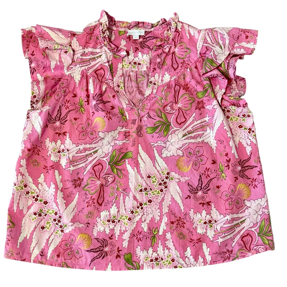 Jennifer & Grace‎ Medium Floral Flutter Sleeve Ruffle Split Neck Blouse Cotton